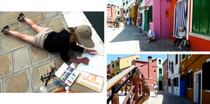 På kursus i Italien: Kursisterne er meget koncentrerede - her forsøger de med akvarelfarver at fange bygningernes fantastiske farvespil